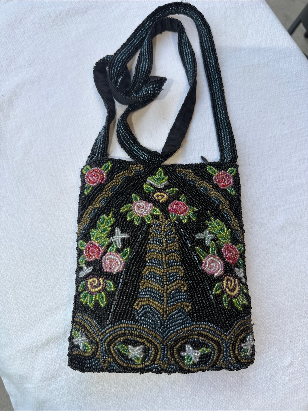 Beaded Floral Crossbody Bag in Black and Pink